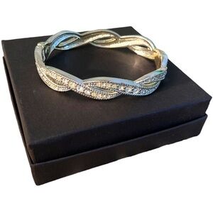 Silvertone Twisted CZ Bangle Bracelet
